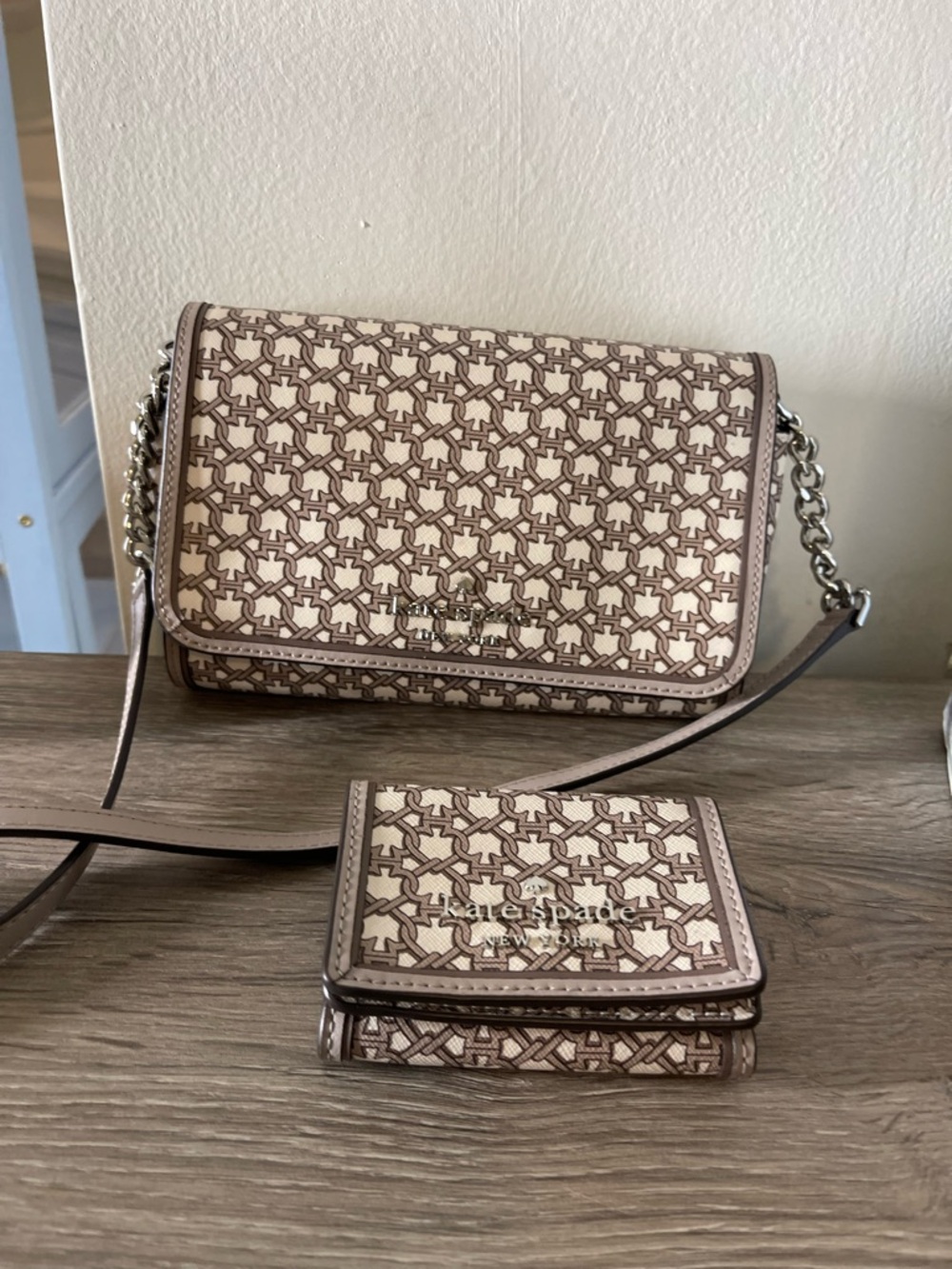 kate spade Beige and Brown Geometric Print Crossbody with Matching Wallet